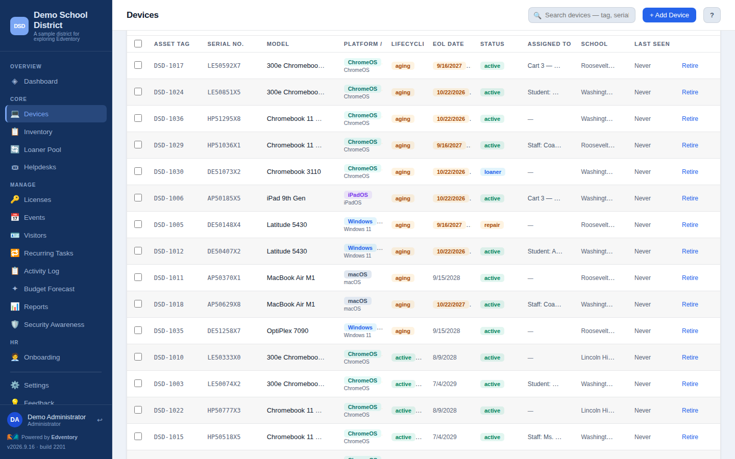 Edventory devices list with lifecycle stage badges, AUE end-of-life dates, status, assignment, school, and filters by lifecycle, status, school, platform, and OS version